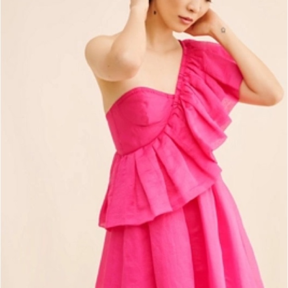Anthropologie Hot Pink One-Shoulder Ruffle Mini Dress